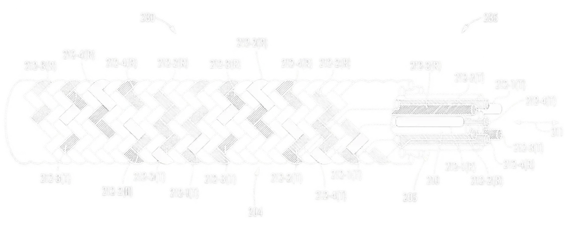 Line drawing of a braided fabric tube with interlaced yarns, its end cut away to show several conductors inside