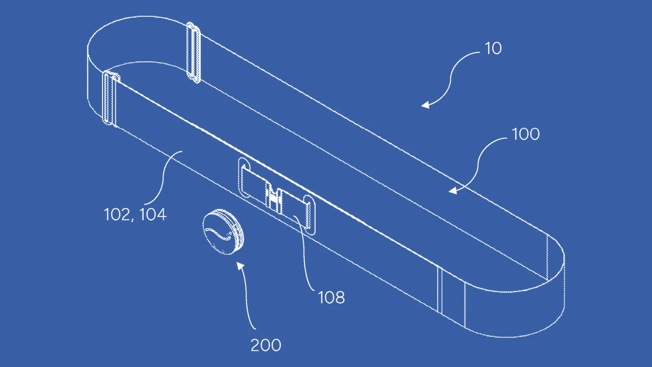 Patent-style drawing of a chest strap with a slot, and a small round sensor module shown separately below it