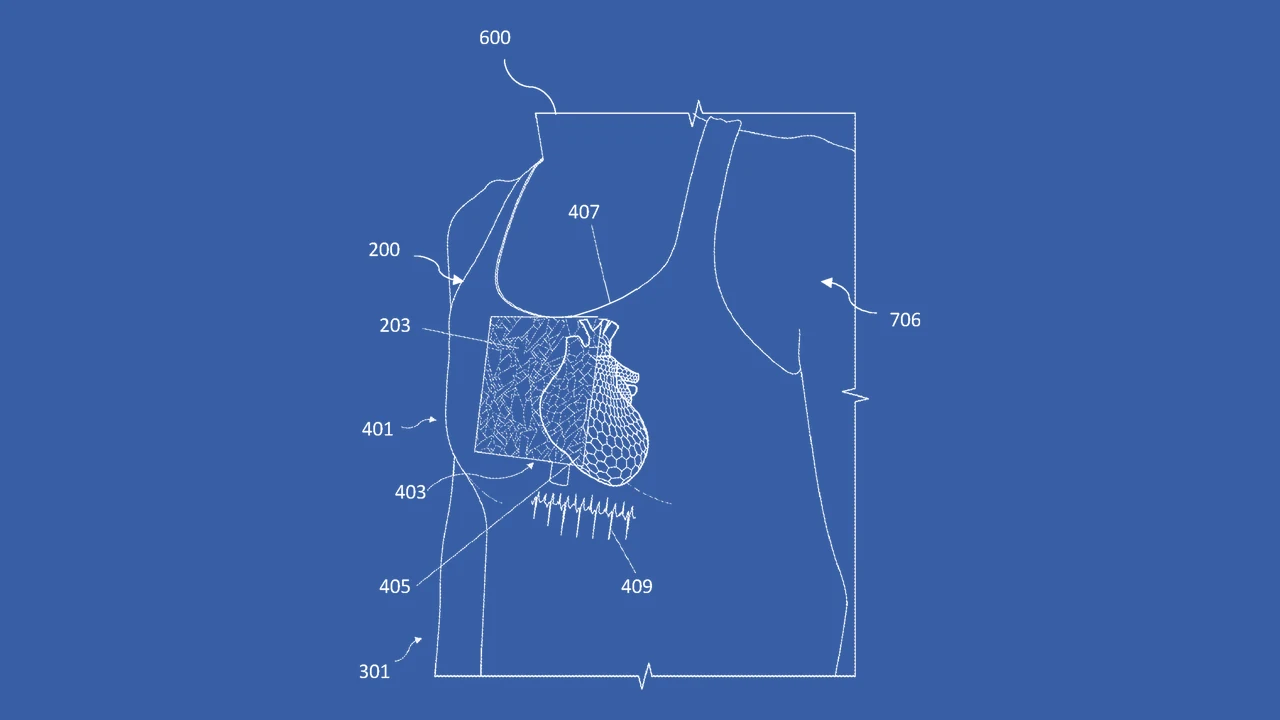 Patent-style drawing of a sleeveless garment with a 3D heart model and an ECG trace over the chest