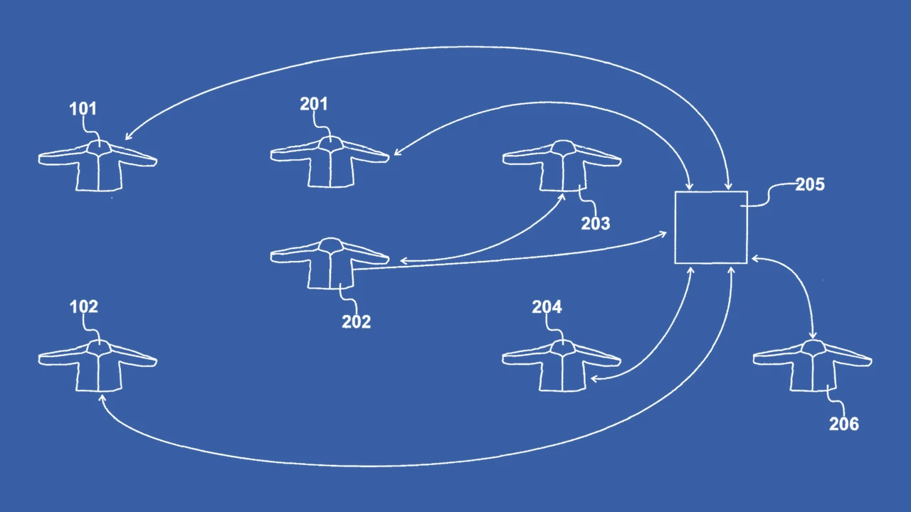 Patent-style diagram of seven safety jackets linked by arrows to a central control station