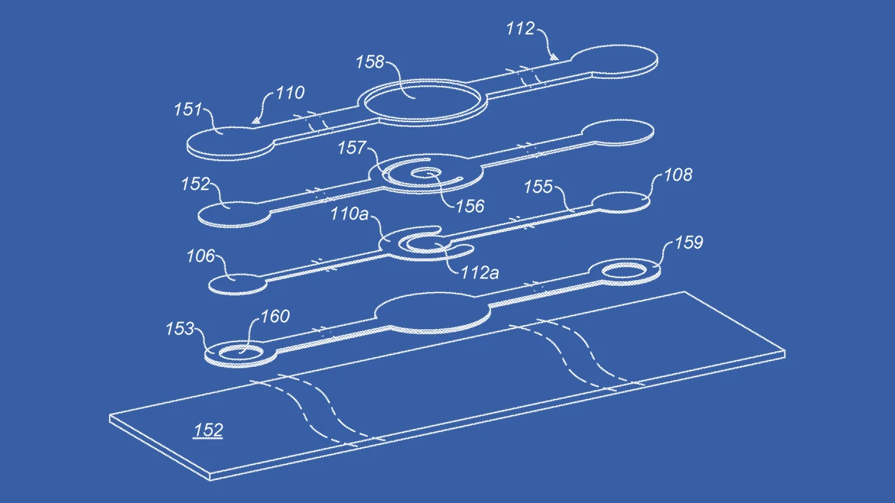 Patent-style exploded drawing of the layers of a textile ECG electrode: conductive strips, round pads and a contact area