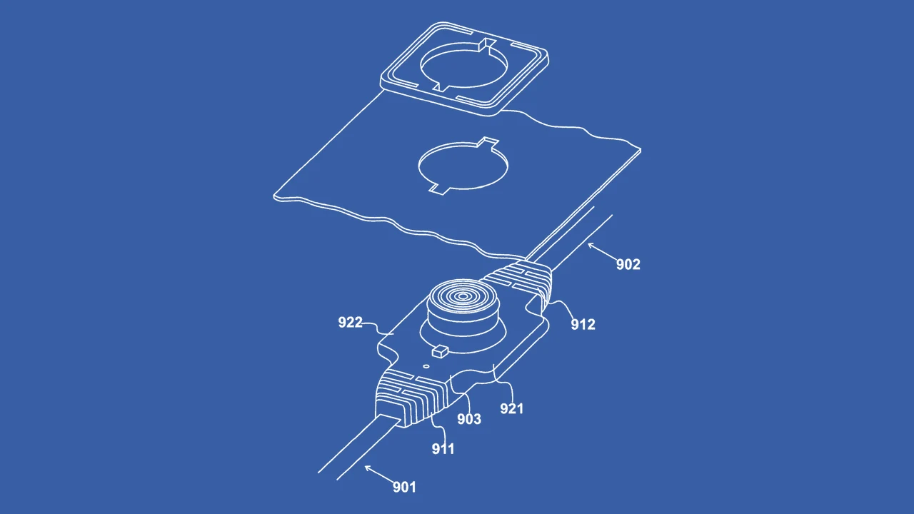 Patent-style drawing of an exploded wearable connector: a mounting frame, a fabric panel and a flat cable loom with flanges