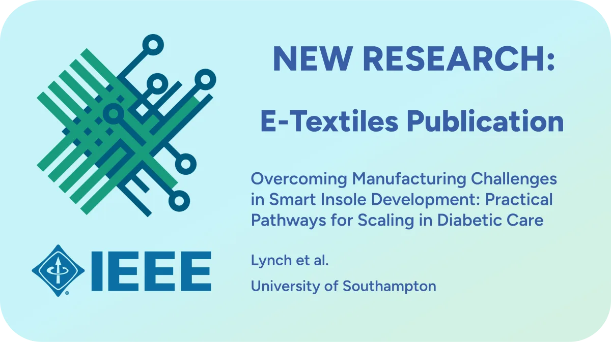 Card announcing new E-Textiles research on smart insole manufacturing for diabetic care, by Lynch et al., Southampton